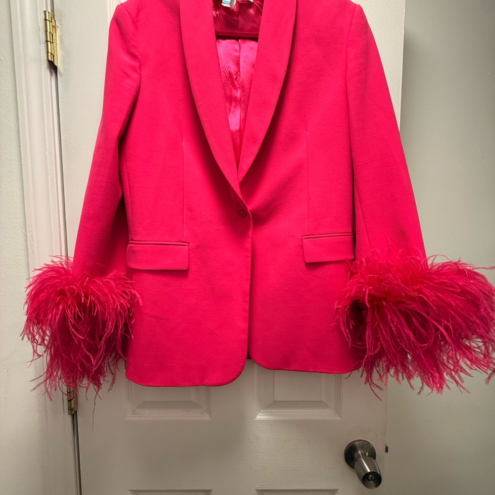 Zara Bright Pink Feather-Cuff Blazer